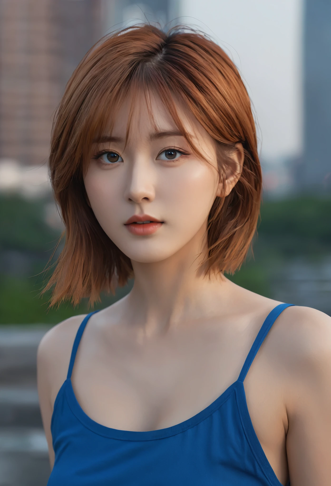 long windblown blue-caramel hair, looking at viewer, masterpiece, ((8k, photorealistic, RAW photo)), best quality, Indonesian, 1girl, beautiful face, realistic face, caramel hair, short hair, beautiful hairstyle, realistic eyes, beautiful detailed eyes, realistic skin, beautiful skin, attractive, ultra high res, ultra realistic, highly detailed, golden ratio, standing, front view, open stance, model posing, upper body, ((huge breasts)), concentrated expression, exposed breast shape, exposed breasts cleavage, night rooftop, city view, ultra detailed, hyper sharp, sharp focus, K-pop idol, J-pop idol, Italian woman, portraits, anime style, vibrant colors, bokeh lighting, ((Stretch out the breasts of the tank top)), upon body from head to thigh