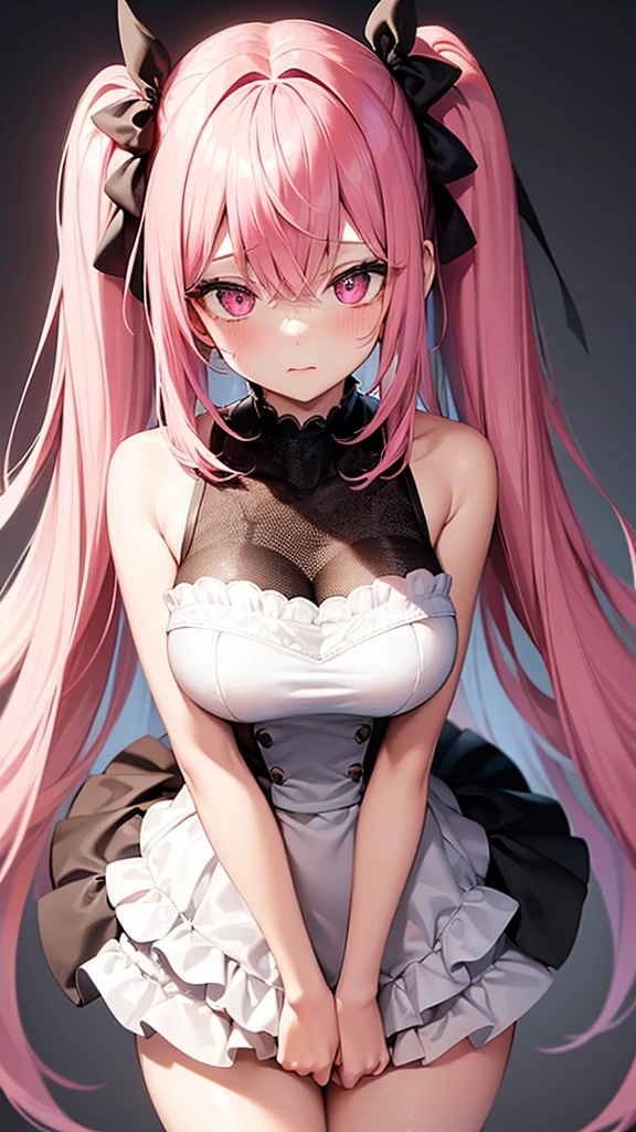 (Highest quality,High resolution,Very detailed,girl)black tights,Pink Hair,height: 160cm,cute,Pink Eyes,She is wearing a black dress,Twin tails,Big Breasts,Her eyes are white and shining,Has bright white eyes,Looking at me naked,I look very embarrassed，