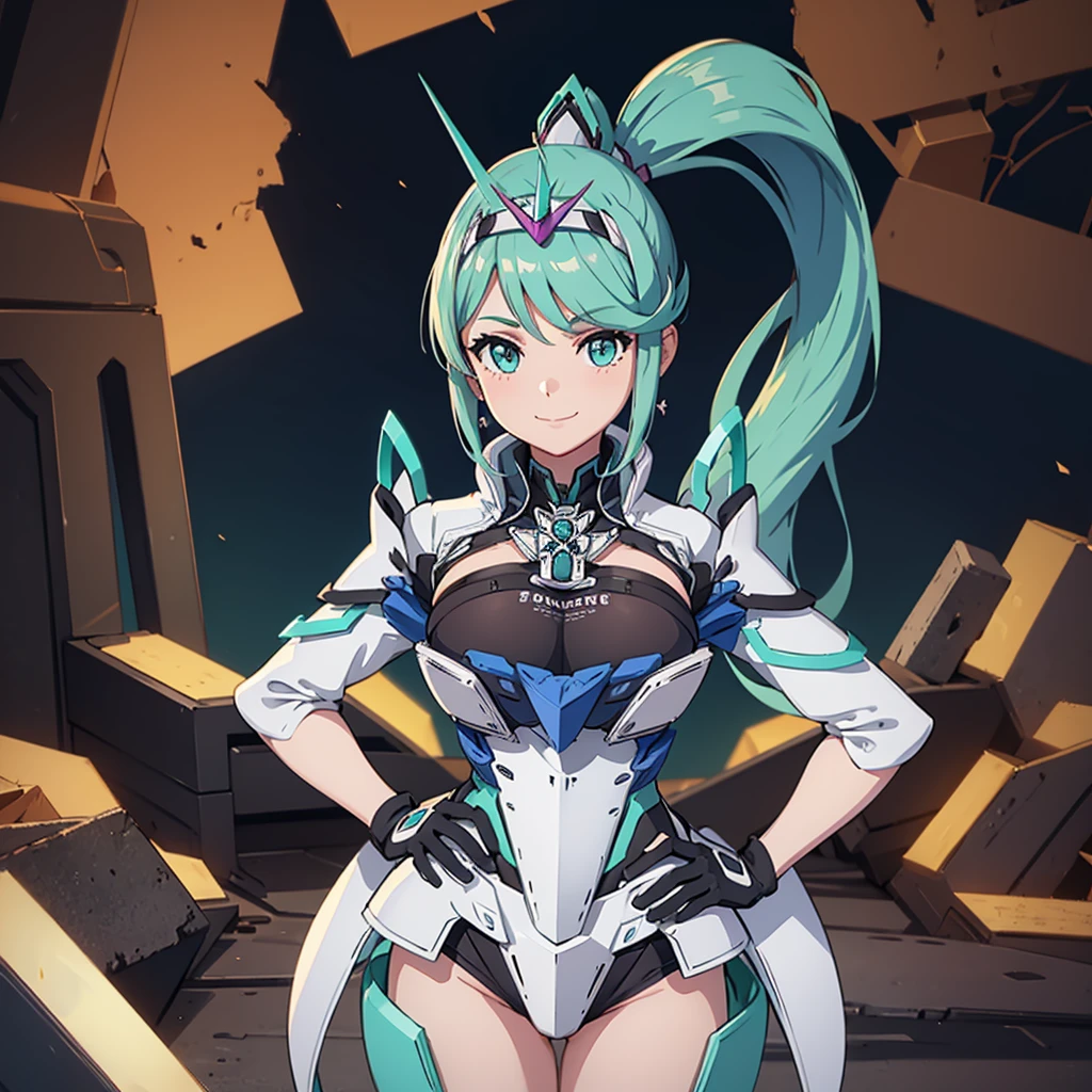 masterpiece, Highest quality, One girl, alone, Pneumadef, ponytail, tiara, Earrings, Chest jewels, armor, gloves, Hands on hips, View your viewers, smile