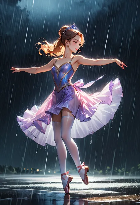 a portrait of female classical ballet prima ballerina dancing in the rain, a full body picture ((anatomically correct: 1.5)) of ...