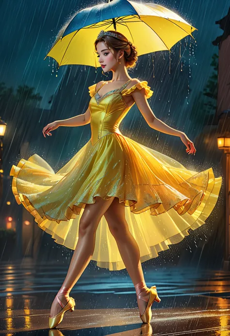 a portrait of female classical ballet prima ballerina dancing in the rain, a full body picture ((anatomically correct: 1.5)) of ...