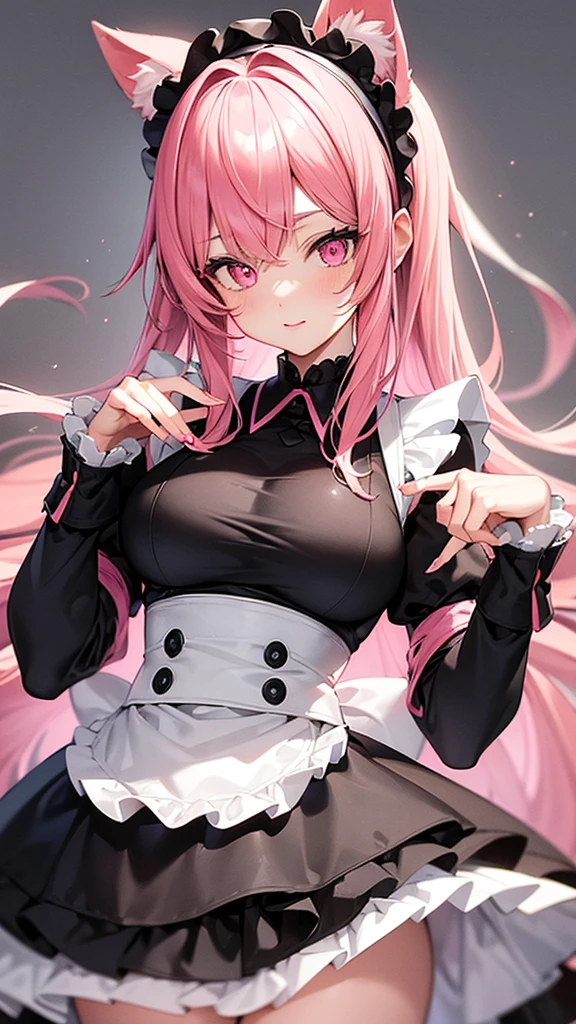 (Highest quality,High resolution,Very detailed,girl)black tights,Pink Hair,Height: 160cm,cute,Pink Eyes,Wearing maid uniform,The hairstyle is long,Big Breasts,Her eyes are white and shining,Has bright white eyes,looks very shy,I have furry ears,