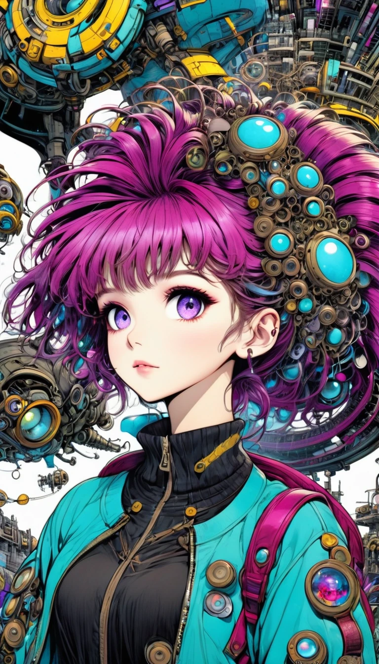 ((pay attention to the plan:1.5, General plan, all-body:1.5)), 1 beautiful girl in technical clothes, Mechanical spider, circles, fractals,(black outline art) by Yoshitaka Amano,Travis Charest. colors, land, Cyan, yellow, Unripe. magenta, violet, Cyan, High definition, image hypersharpness,(best qualityer:1.3, 32 mil,High definition:1.3, 4x ,ultra sharp, high resolution, proffesional) ,cinematographic, Fisheye photography:1.6,