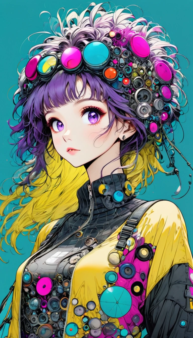 ((pay attention to the plan:1.5, General plan, all-body:1.5)), 1 beautiful girl in technical clothes, Mechanical spider, circles, fractals,(black outline art) by Yoshitaka Amano,Travis Charest. colors, land, Cyan, yellow, Unripe. magenta, violet, Cyan, High definition, image hypersharpness,(best qualityer:1.3, 32 mil,High definition:1.3, 4x ,ultra sharp, high resolution, proffesional) ,cinematographic, Fisheye photography:1.6,