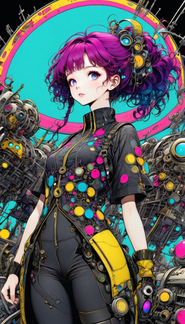 ((pay attention to the plan:1.5, General plan, all-body:1.5)), 1 beautiful girl in technical clothes, Mechanical spider, circles, fractals,(black outline art) by Yoshitaka Amano,Travis Charest. colors, land, Cyan, yellow, Unripe. magenta, violet, Cyan, High definition, image hypersharpness,(best qualityer:1.3, 32 mil,High definition:1.3, 4x ,ultra sharp, high resolution, proffesional) ,cinematographic, Fisheye photography:1.6,