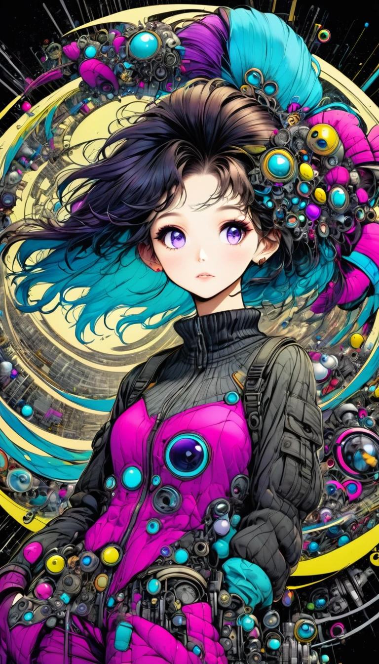 ((pay attention to the plan:1.5, General plan, all-body:1.5)), 1 beautiful girl in technical clothes, Mechanical spider, circles, fractals,(black outline art) by Yoshitaka Amano,Travis Charest. colors, land, Cyan, yellow, Unripe. magenta, violet, Cyan, High definition, image hypersharpness,(best qualityer:1.3, 32 mil,High definition:1.3, 4x ,ultra sharp, high resolution, proffesional) ,cinematographic, Fisheye photography:1.6,