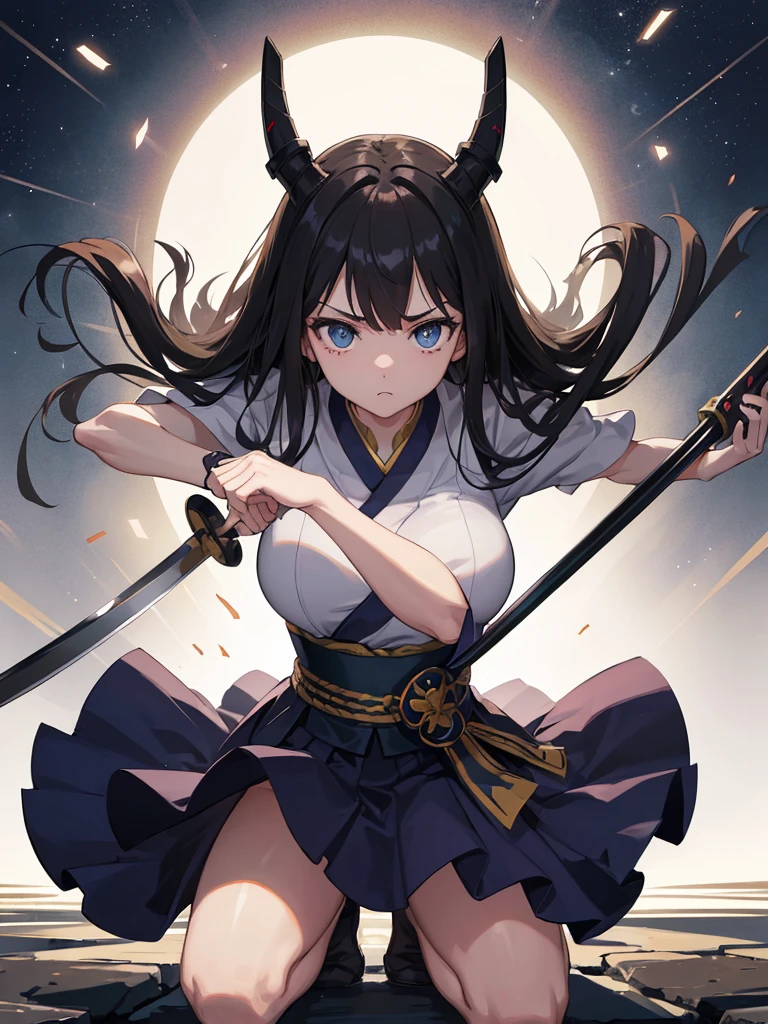 (Highest quality、High resolution、8k、masterpiece:1.2)。Her eyes were shining like stars、Squat、squat。Battle Girl、Looking down but eyes looking straight ahead。Aggressive fighting stance。Crouched down and glaring at the viewer。Her bangs are tied up so that her forehead is visible。Using a Japanese sword as a walking stick to support one&#39;s body。1 girl、Hair that stands on end、Twin tails that rise up、Long Hair、Disheveled Hair、Hair swaying in the wind、kimono、kimono、長袖の赤と黒の花柄のkimono、（background：Kyoto、night、Streets bathed in the light of the bathhouse）、Kyoto、period drama、長いkimonoの袖、Holding a Japanese sword、backgroundのぼやけ、Tattoo、Depth of written boundary。Reflection in a puddle。geta、tabi、Showing teeth。smile、sunglasses。hair ornaments。