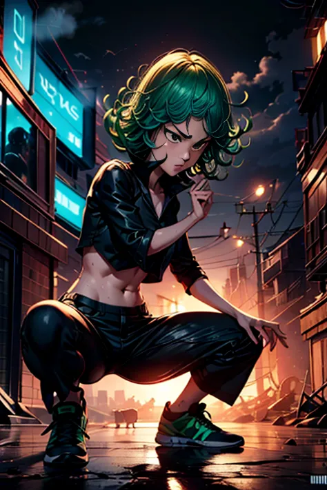 (masterpiece, best quality:1.2), tatsumaki, solo, breakin dancer, power movements, strenuous movements, intense footwork, squatt...