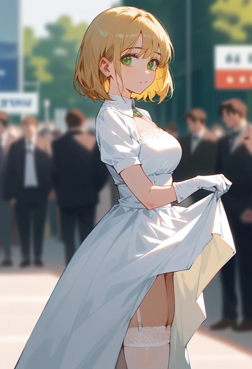 NSFW,masterpiece, Highest quality, detailed, Blurryry, depth_of_Field, Blurryry_background, Blurryry_prospect, 1人of女of子, gloves, white_gloves, whiteofdress, ,Blonde,Medium bob hair,Green color eyes,motion_Blurry, photograph_(Moderate), alone, white_dress,skirt lift,whiteいパンティ,garter belt,whiteいニーソックス