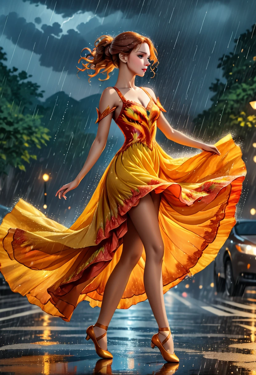 a portrait of female classical ballet prima ballerina dancing in the rain, a full body picture ((anatomically correct: 1.5)) of a exquisite beautiful female dancer wearing silk evening dress, intricate dress dynamic hair color, dynamic hair style, dynamic skin complexion, wearing ballet shoes, wearing thigh highs, ((she is standing in the middle of the rain storm: 1.5)),  she is wet, yet enjoys the dance in the rain, cloudy night, lightning storm, dynamic background, vibrant, Ultra-high resolution, High Contrast, (masterpiece:1.5), highest quality, Best aesthetics), best details, best quality, highres, 16k, (ultra detailed: 1.5), masterpiece, best quality, (extremely detailed) RAW, (ultra details, Masterpiece, best quality), Cinematic Hollywood Film, artxldnc, phoenix dress, 