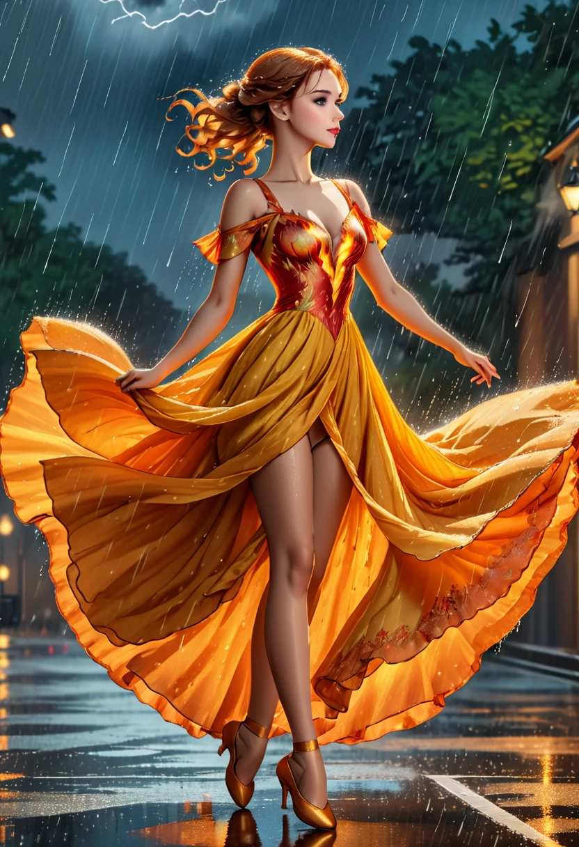 a portrait of female classical ballet prima ballerina dancing in the rain, a full body picture ((anatomically correct: 1.5)) of a exquisite beautiful female dancer wearing silk evening dress, intricate dress dynamic hair color, dynamic hair style, dynamic skin complexion, wearing ballet shoes, wearing thigh highs, ((she is standing in the middle of the rain storm: 1.5)),  she is wet, yet enjoys the dance in the rain, cloudy night, lightning storm, dynamic background, vibrant, Ultra-high resolution, High Contrast, (masterpiece:1.5), highest quality, Best aesthetics), best details, best quality, highres, 16k, (ultra detailed: 1.5), masterpiece, best quality, (extremely detailed) RAW, (ultra details, Masterpiece, best quality), Cinematic Hollywood Film, artxldnc, phoenix dress, 