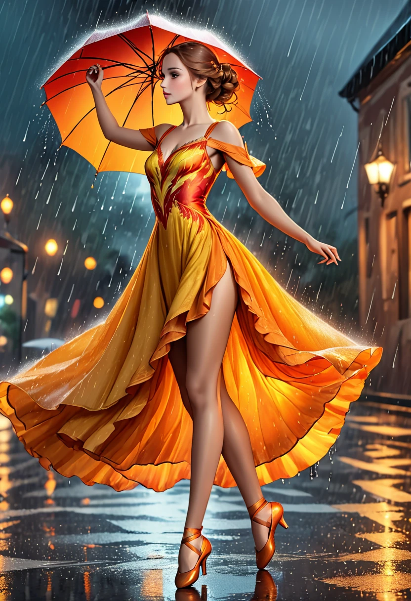 um retrato da primeira bailarina do balé clássico feminino dançando na chuva, uma foto de corpo inteiro ((Anatomicamente correto: 1.5)) de uma linda dançarina requintada usando um vestido de noite de seda, vestido intrincado cor de cabelo dinâmica, estilo de cabelo dinâmico, tez de pele dinâmica, Usando sapatilhas de balé, usando meias altas, ((ela está parada no meio da tempestade: 1.5)),  ela está molhada, ainda gosta de dançar na chuva, Noite nublada, tempestade elétrica, fundo dinâmico, vibrante, Resolução ultra-alta, Alto contraste, (obra de arte:1.5), mais alta qualidade, melhor estética), melhores detalhes, melhor qualidade, alta resolução, 16k, (ultra detalhado: 1.5), obra de arte, melhor qualidade, (extremamente detalhado) CRU, (ultra detalhes, obra de arte, melhor qualidade), Filme cinematográfico de Hollywood, artxldnc, Vestido Fênix, 