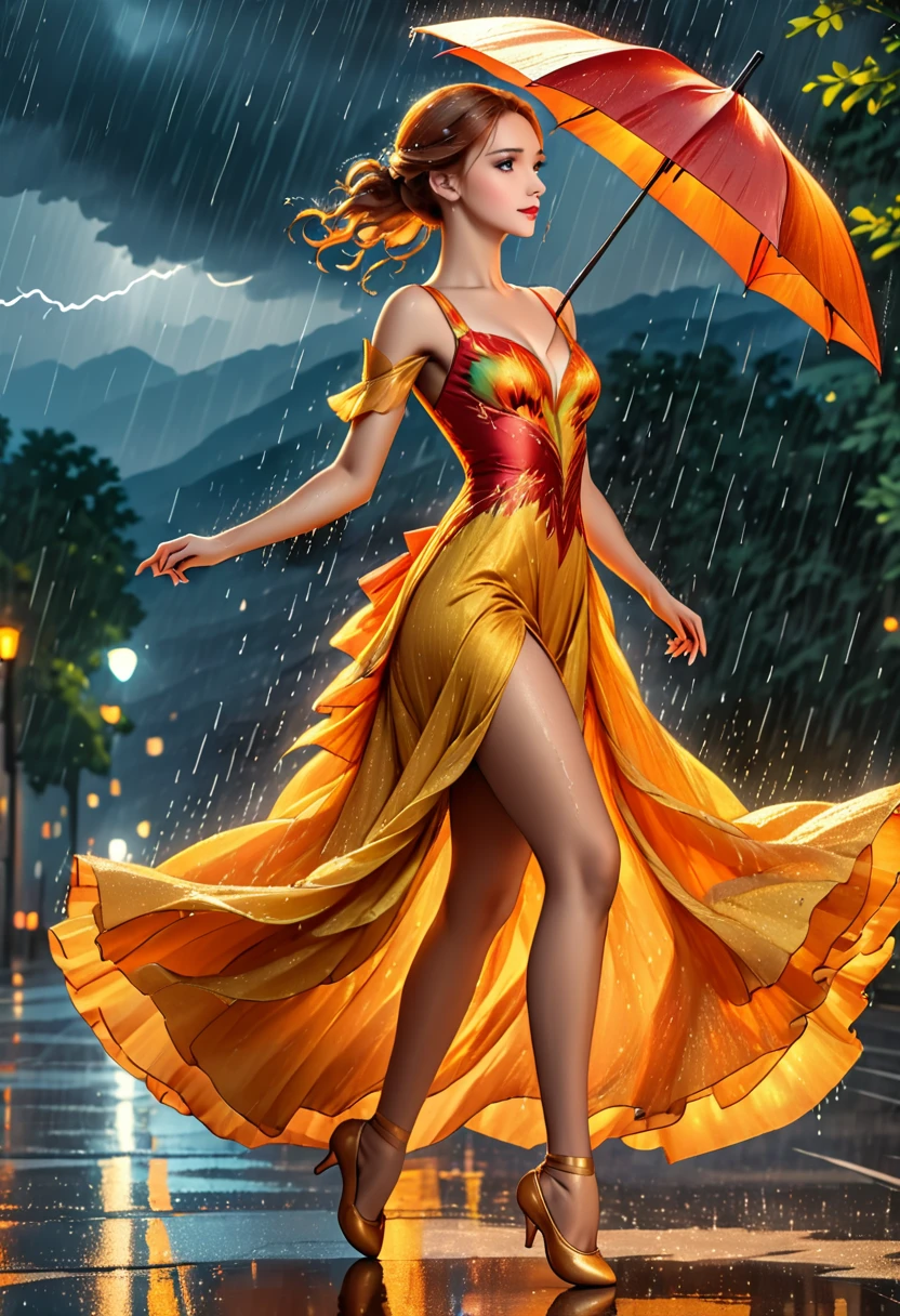 a portrait of female classical ballet prima ballerina dancing in the rain, a full body picture ((anatomically correct: 1.5)) of a exquisite beautiful female dancer wearing silk evening dress, intricate dress dynamic hair color, dynamic hair style, dynamic skin complexion, wearing ballet shoes, wearing thigh highs, ((she is standing in the middle of the rain storm: 1.5)),  she is wet, yet enjoys the dance in the rain, cloudy night, lightning storm, dynamic background, vibrant, Ultra-high resolution, High Contrast, (masterpiece:1.5), highest quality, Best aesthetics), best details, best quality, highres, 16k, (ultra detailed: 1.5), masterpiece, best quality, (extremely detailed) RAW, (ultra details, Masterpiece, best quality), Cinematic Hollywood Film, artxldnc, phoenix dress, 