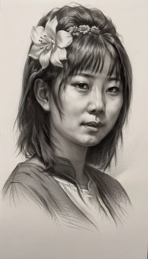 There is a drawing of a japanese woman with a flower in her hair, Portrait illustration, No estilo de arte de Bowater, detailed ...
