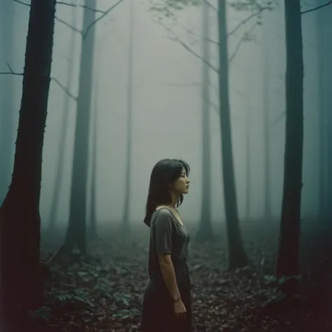 Radiant Darkness, a beautiful woman standing in a dark forest, fog, panasonic 35mm, a still melancholy scenery, disposable film,...