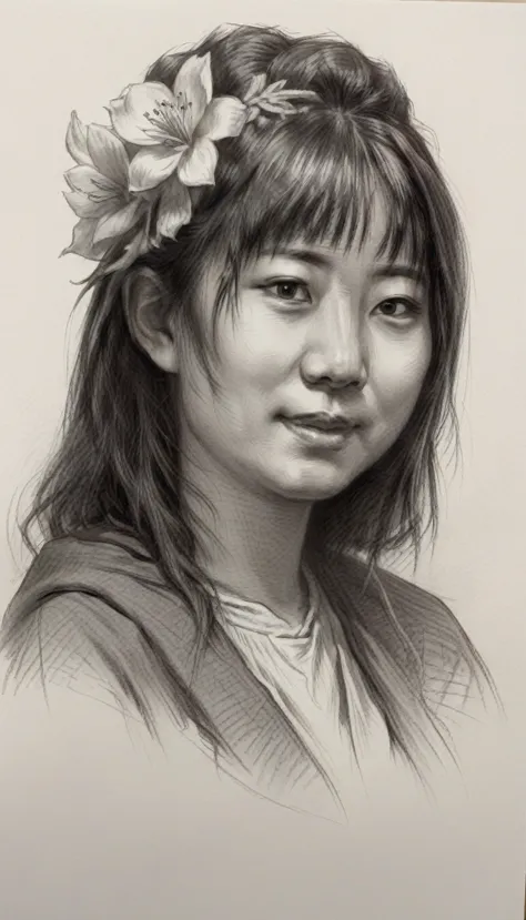 There is a drawing of a japanese woman with a flower in her hair, little smiling, Portrait illustration, No estilo de arte de Bo...