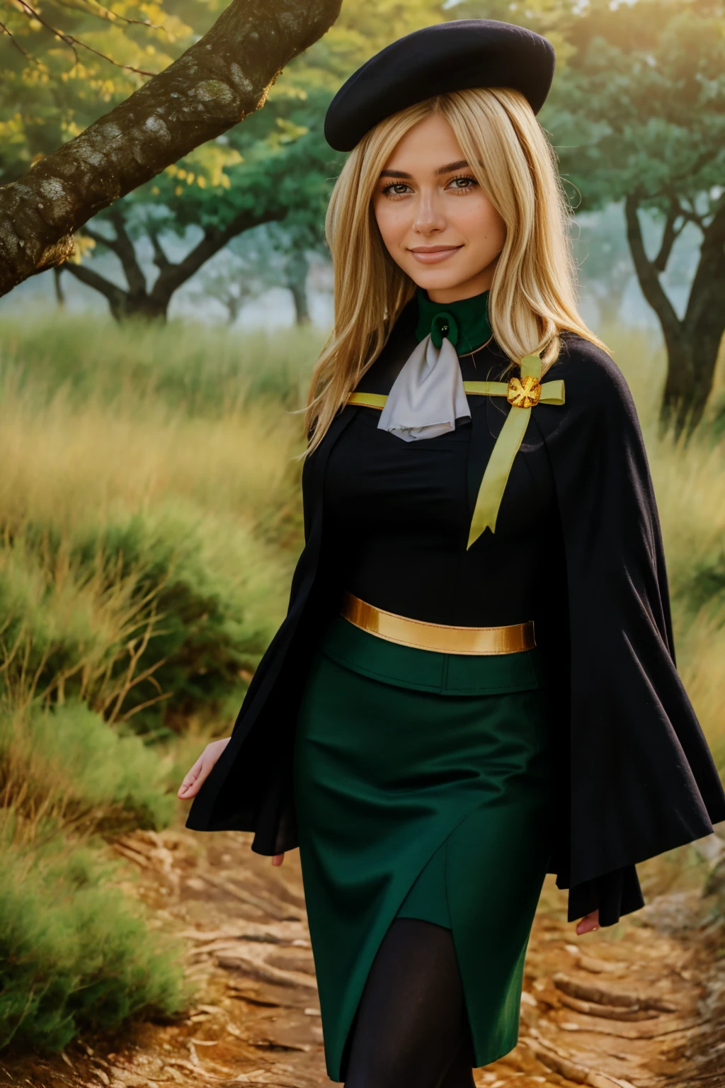 1 girl, best quality, ((Miyo)), tarankaaa, perfect face, Hailey Lujan, beautiful smile, 30 years old, ((ascot,uniform, black skirt, cross, ribbon, gold blonde hair, emerald, beret, cape, pantyhose)), ((perfectly drawn hands)), perfect body, bare tree, bush, fog, forest, grass, nature, outdoors, plant, scenery, solo, standing, tree, 32k photograph, ((perfect eyes, detailed eyes,realistic eyes)), ((sharp face, detailed face, realistic face, natural skin, realistic skin, detailed skin, pores)), full body, tone mapping, asian-european, ((masterpiece)), ((highres)), ((detailed background)), japanese village background, night, big proportions, (abdomen is covered)