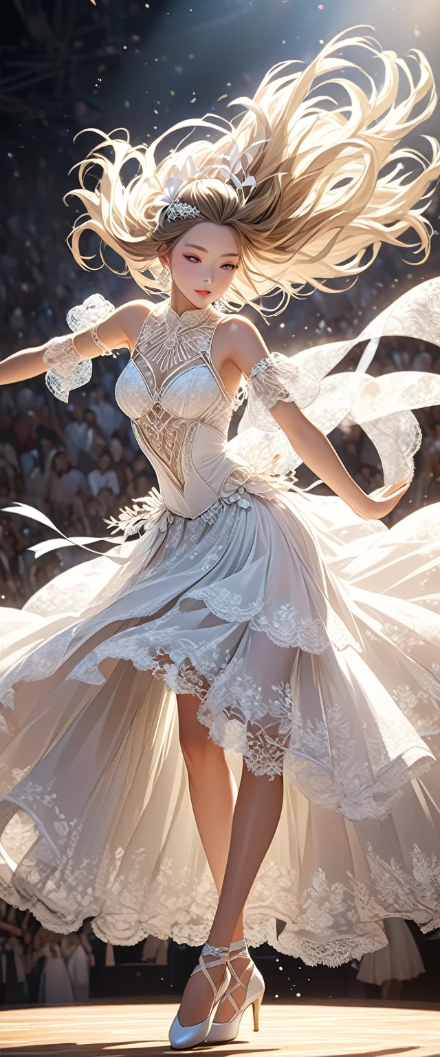 Long-haired dancer wearing white gauze skirt.white ribbon.Romantic and elegant dance costumes.Dancing on the stage.Beautiful and extremely textured foreground and background，detailed, bright, Animation style high definition and high quality presentation((Masterpieces in up to 16K resolution):1.6),((soft_color_photography:)1.5), ((Super detailed):1.4),((Typical static images and dynamic angles):1.3), ( perfect anatomy )Complex patterns, soft shadows, highly detailed structures, digital art, high detail, 