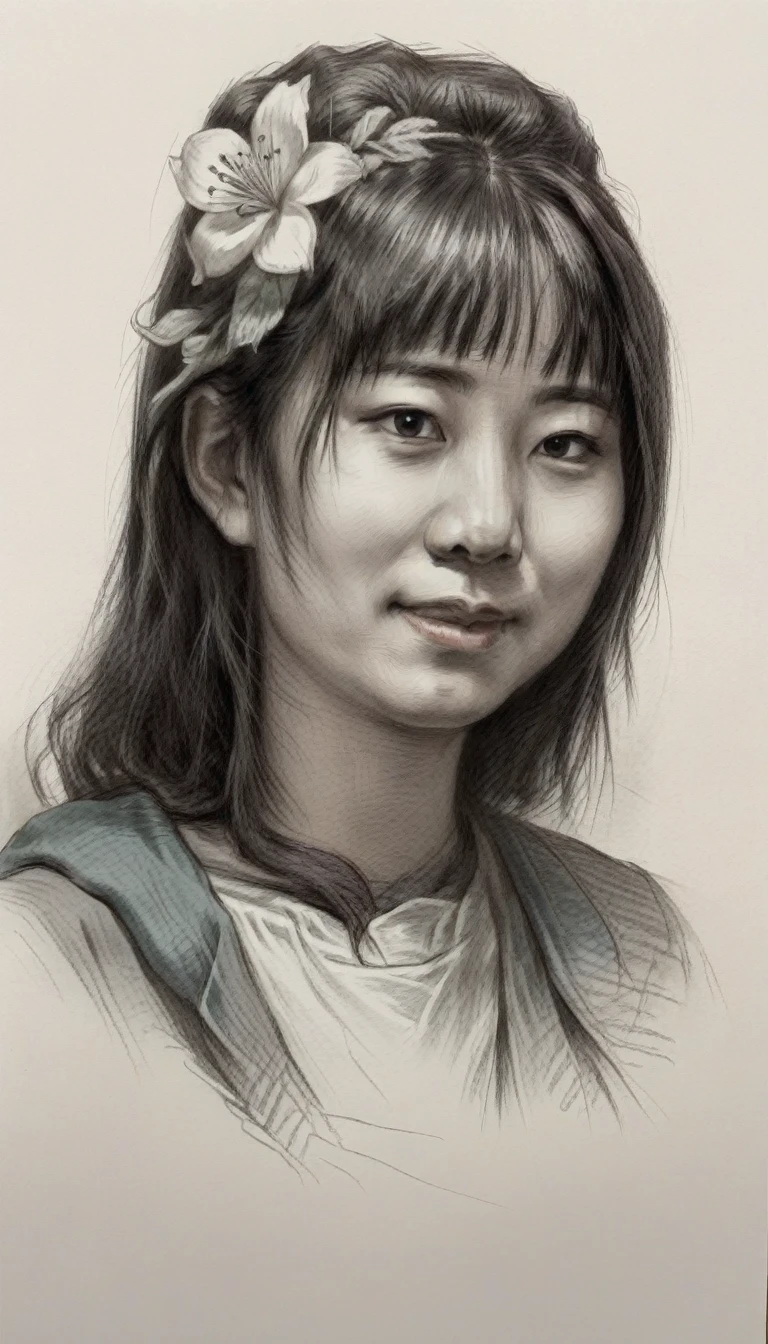 Il y a un dessin d&#39;une femme japonaise avec une fleur dans les cheveux, petit sourire, illustration de portraits, Style artistique non Bowater, portrait d&#39;illustration détaillé, portrait d&#39;illustration numérique, dessin de style vectoriel, portrait au trait, dans un style d&#39;illustration numérique, portrait stylisé, Illustration de style dessin animé, portrait détaillé, joli portrait, Dirigé par: Milton Menasco, portrait de dessin animé, Style d&#39;illustration aquarelle
