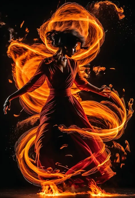 dancer, flowing silhouette, trails of fire, long exposure effect, dynamic movement, sparks, smoke, vibrant orange and red flames...
