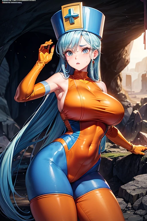 masterpiece, Highest quality,  Unreal Engine,  Super Resolution,  Very detailed, 

Beautiful woman, Dragon Quest Female Monk, long sky blue hair, Blue priest hat, Orange bodysuit, (((Brutabad:1.5))), Elbow-length gloves, Vivid expression, Healthy Body, Beautifully detailed sweat glands, Smooth skin texture, Carefully drawn, 

(humidity:1.5), (Hot Temperatures:1.5), Beautiful Eyes, (Attractive face:1.2), (Beautiful Skin), Tight waist, (Big Breasts), Round Breasts, (Sticky with sweat), In a dynamic pose, 

In the world of Dragon Quest, (Inside the cave where you can see magma), 