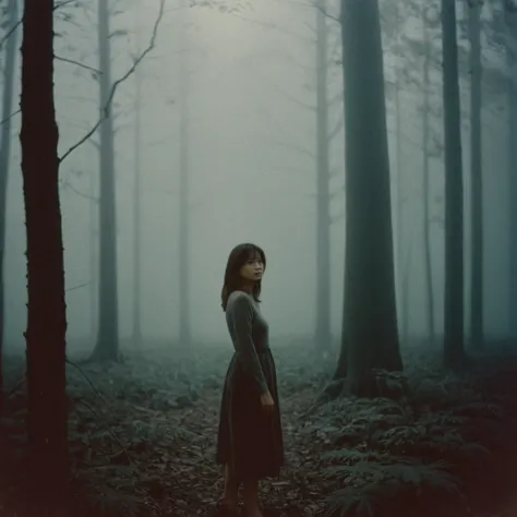 Radiant Darkness, a beautiful woman standing in a dark forest, fog, panasonic 35mm, a still melancholy scenery, disposable film,...