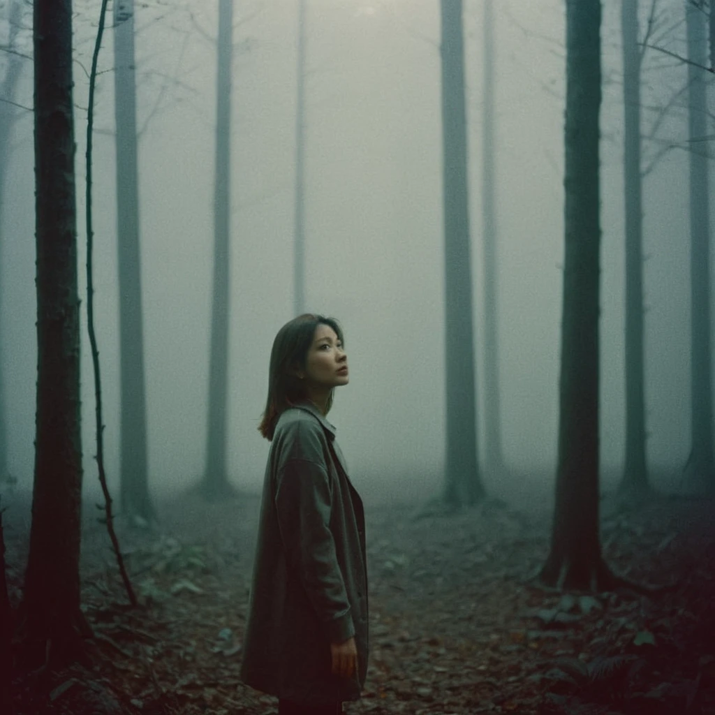 Strahlende Dunkelheit, eine schöne Frau, die in einem dunklen Wald steht, Nebel, panasonic 35mm, eine noch immer melancholische Szenerie, Einwegfolie, highres, Tyndall-Effekt, Dunstbeleuchtung, Wirklichkeit, Polaroid-Foto 