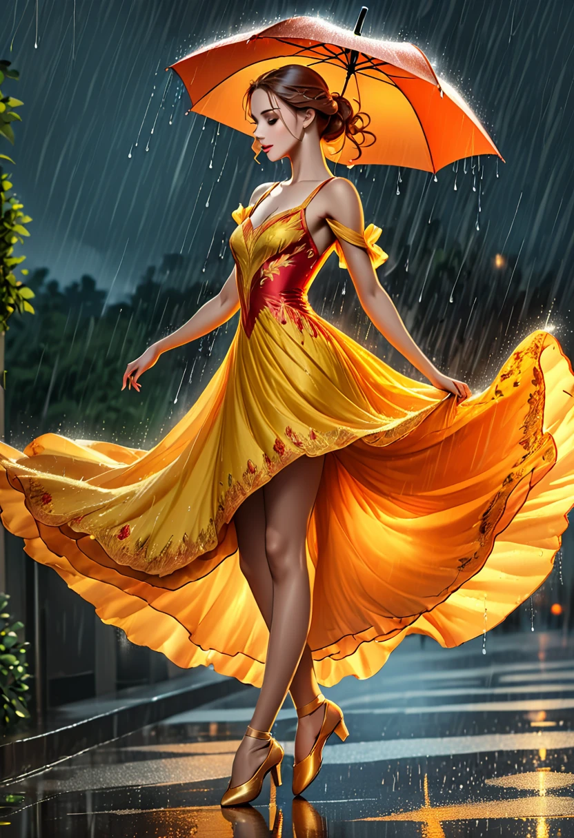 um retrato da primeira bailarina do balé clássico feminino dançando na chuva, uma foto de corpo inteiro ((Anatomicamente correto: 1.5)) de uma linda dançarina requintada usando um vestido de noite de seda, vestido intrincado cor de cabelo dinâmica, estilo de cabelo dinâmico, tez de pele dinâmica, Usando sapatilhas de balé, usando meias altas, ((ela está parada no meio da tempestade: 1.5)),  ela está molhada, ainda gosta de dançar na chuva, Noite nublada, tempestade elétrica, fundo dinâmico, vibrante, Resolução ultra-alta, Alto contraste, (obra de arte:1.5), mais alta qualidade, melhor estética), melhores detalhes, melhor qualidade, alta resolução, 16k, (ultra detalhado: 1.5), obra de arte, melhor qualidade, (extremamente detalhado) CRU, (ultra detalhes, obra de arte, melhor qualidade), Filme cinematográfico de Hollywood, artxldnc, Vestido Fênix, 