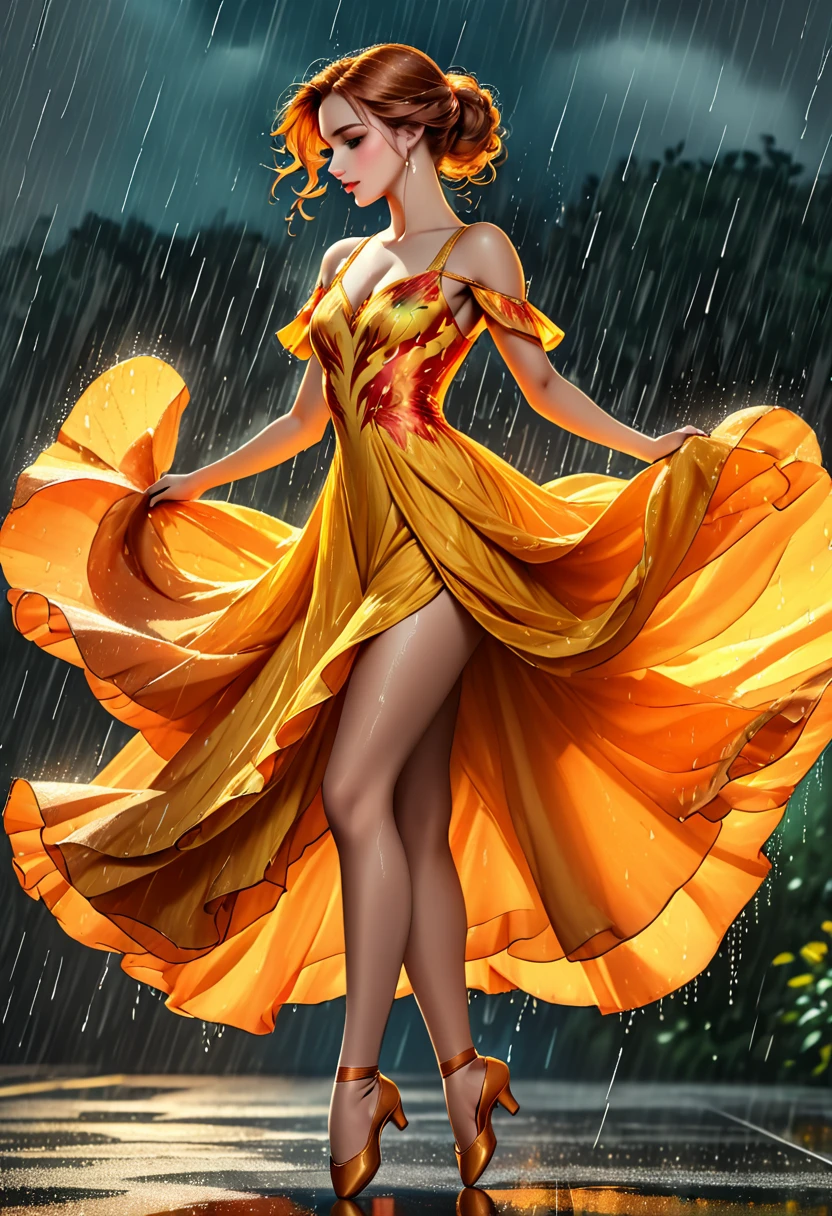 a portrait of female classical ballet prima ballerina dancing in the rain, a full body picture ((anatomically correct: 1.5)) of a exquisite beautiful female dancer wearing silk evening dress, intricate dress dynamic hair color, dynamic hair style, dynamic skin complexion, wearing ballet shoes, wearing thigh highs, ((she is standing in the middle of the rain storm: 1.5)),  she is wet, yet enjoys the dance in the rain, cloudy night, lightning storm, dynamic background, vibrant, Ultra-high resolution, High Contrast, (masterpiece:1.5), highest quality, Best aesthetics), best details, best quality, highres, 16k, (ultra detailed: 1.5), masterpiece, best quality, (extremely detailed) RAW, (ultra details, Masterpiece, best quality), Cinematic Hollywood Film, artxldnc, phoenix dress, 