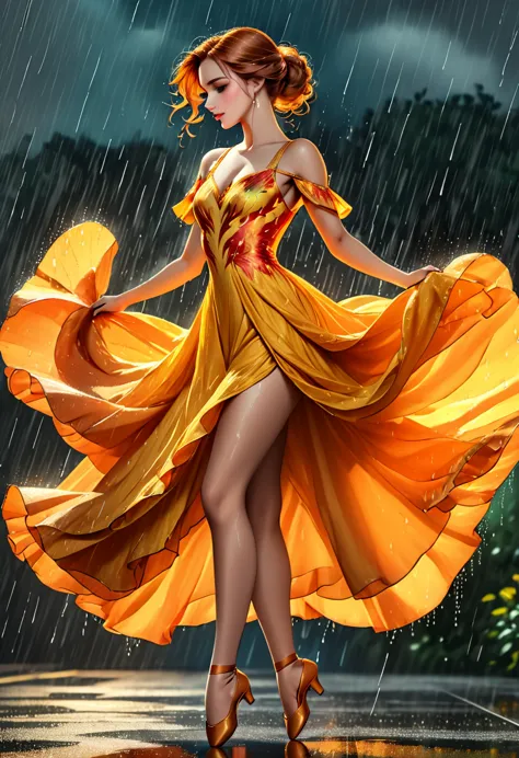 a portrait of female classical ballet prima ballerina dancing in the rain, a full body picture ((anatomically correct: 1.5)) of ...