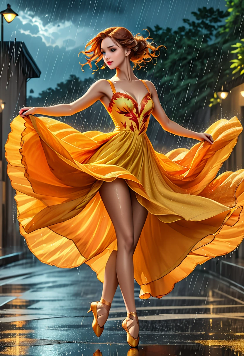 a portrait of female classical ballet prima ballerina dancing in the rain, a full body picture ((anatomically correct: 1.5)) of a exquisite beautiful female dancer wearing silk evening dress, intricate dress dynamic hair color, dynamic hair style, dynamic skin complexion, wearing ballet shoes, wearing thigh highs, ((she is standing in the middle of the rain storm: 1.5)),  she is wet, yet enjoys the dance in the rain, cloudy night, lightning storm, dynamic background, vibrant, Ultra-high resolution, High Contrast, (masterpiece:1.5), highest quality, Best aesthetics), best details, best quality, highres, 16k, (ultra detailed: 1.5), masterpiece, best quality, (extremely detailed) RAW, (ultra details, Masterpiece, best quality), Cinematic Hollywood Film, artxldnc, phoenix dress, 