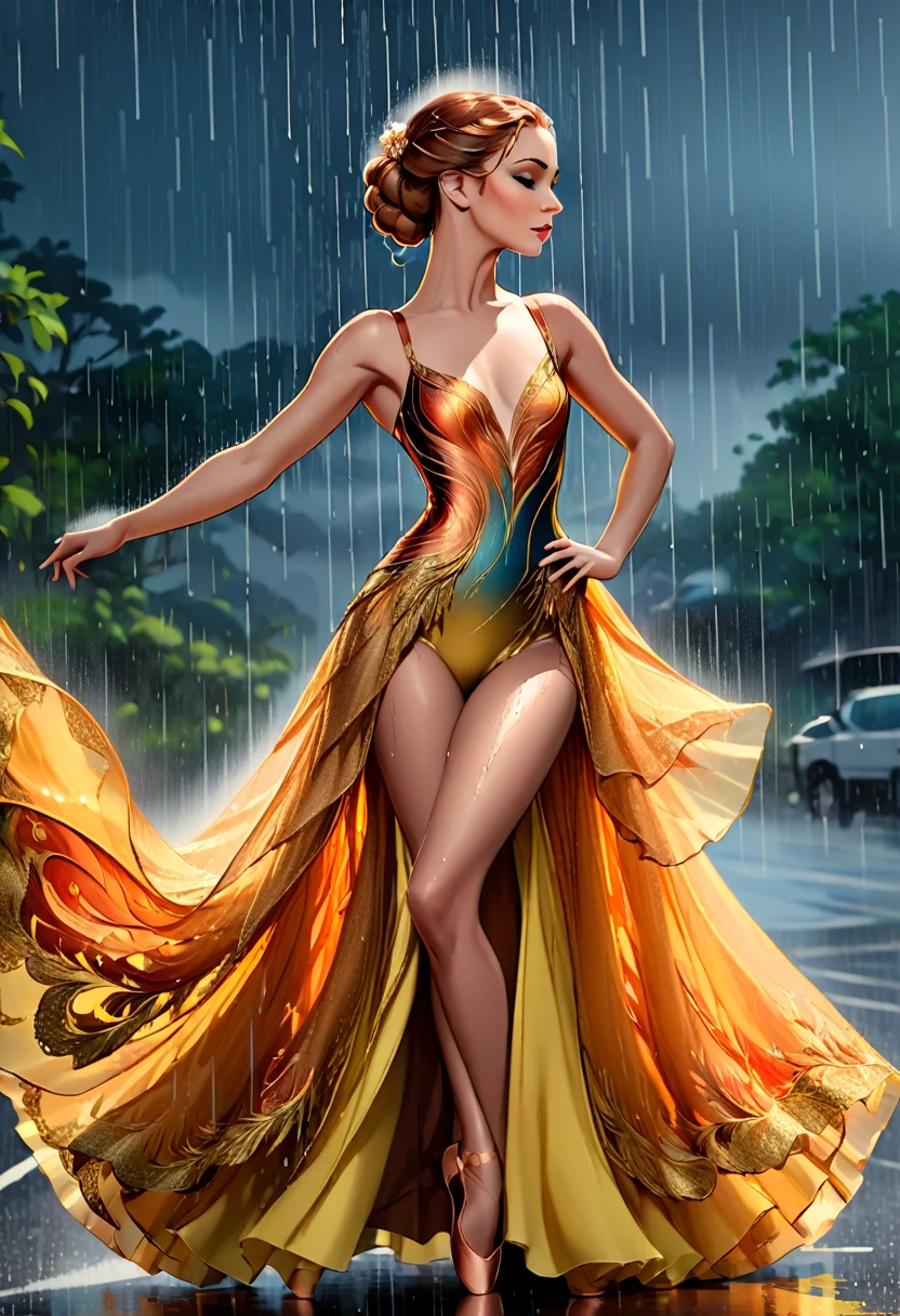 a portrait of female classical ballet prima ballerina dancing in the rain, a full body picture ((anatomically correct: 1.5)) of a exquisite beautiful female dancer wearing silk evening dress, intricate dress dynamic hair color, dynamic hair style, dynamic skin complexion, wearing ballet shoes, wearing thigh highs, ((she is standing in the middle of the rain storm: 1.5)),  she is wet, yet enjoys the dance in the rain, cloudy night, lightning storm, dynamic background, vibrant, Ultra-high resolution, High Contrast, (masterpiece:1.5), highest quality, Best aesthetics), best details, best quality, highres, 16k, (ultra detailed: 1.5), masterpiece, best quality, (extremely detailed) RAW, (ultra details, Masterpiece, best quality), Cinematic Hollywood Film, artxldnc, phoenix dress, 