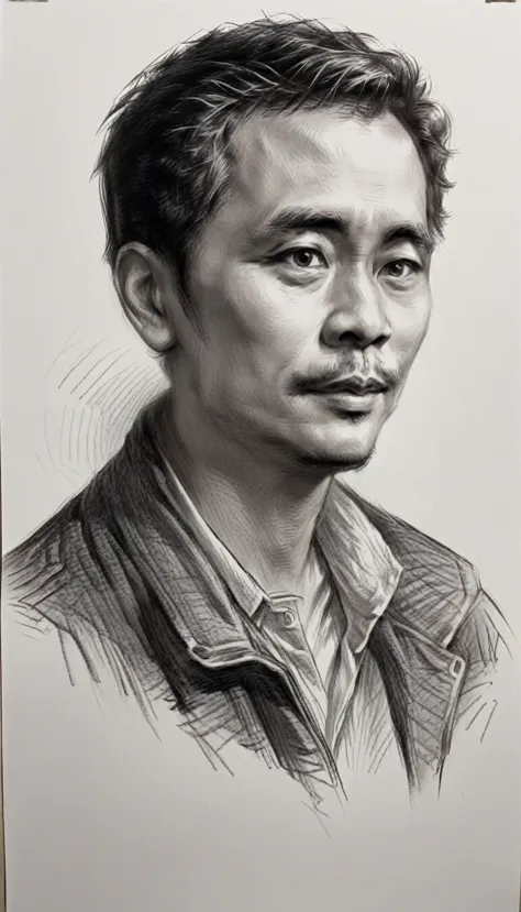 There is a drawing of a 35 years old man , short crowl hair, little smiling, Portrait illustration, No estilo de arte de Bowater...