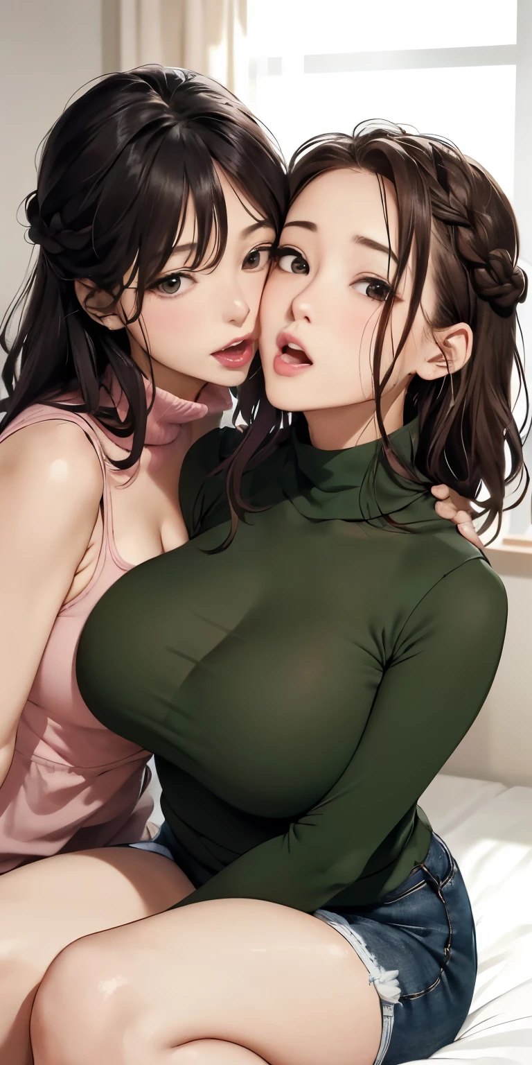 (My face is wet with milk)、Background Bedroom、See-through、((squat))(Open mouth climax face）、Braided Hair、Cute face drawing、Realistically、(Two 29-year-old women embracing each other, cleavage emphasized)、Wearing a beige and yellow turtleneck sleeveless t-shirt，，Big Breasts，Accentuate your cleavage，Looking up from below，blush，moist pink lips，sexy，Own，Please open your mouth wide、Place your arms behind your head、Wear underwear