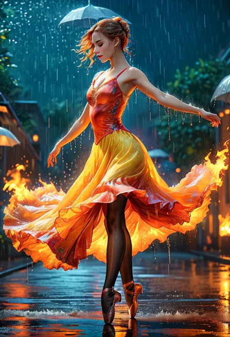 a portrait of female classical ballet prima ballerina dancing in the rain, a full body picture ((anatomically correct: 1.5)) of ...