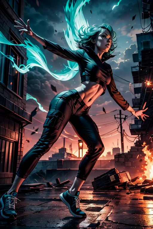 (masterpiece, best quality:1.2), Tatsumaki, solo, break dancing, power movements, strenuous movements, intense footwork, Dynamic Motion Blur, Sweat shines and pops, cyberpunk, lips apart, (green hair, brown eyes), Anatomically accurate hands and fingers, (crop top, cargo pants, sneakers), Fluttering hair, particles, atmosphere full of steam, professional lighting, cinematic lighting, Dynamic action scenes,  