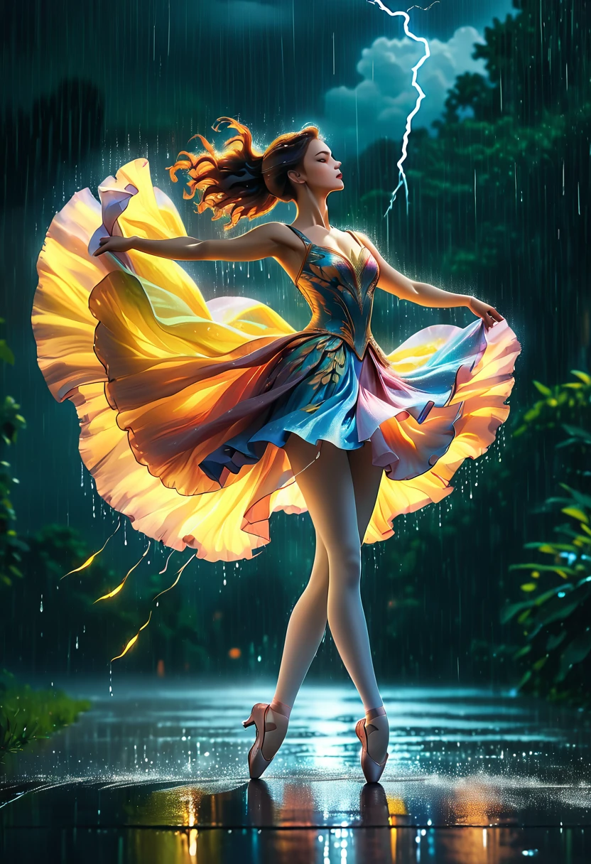 a portrait of female classical ballet prima ballerina dancing in the rain, a full body picture ((anatomically correct: 1.5)) of a exquisite beautiful female dancer wearing silk evening dress, intricate dress dynamic hair color, dynamic hair style, dynamic skin complexion, wearing ballet shoes, wearing thigh highs, ((she is standing in the middle of the rain storm: 1.5)),  she is wet, yet enjoys the dance in the rain, cloudy night, lightning storm, dynamic background, vibrant, Ultra-high resolution, High Contrast, (masterpiece:1.5), highest quality, Best aesthetics), best details, best quality, highres, 16k, (ultra detailed: 1.5), masterpiece, best quality, (extremely detailed) RAW, (ultra details, Masterpiece, best quality), Cinematic Hollywood Film, artxldnc, phoenix dress, 