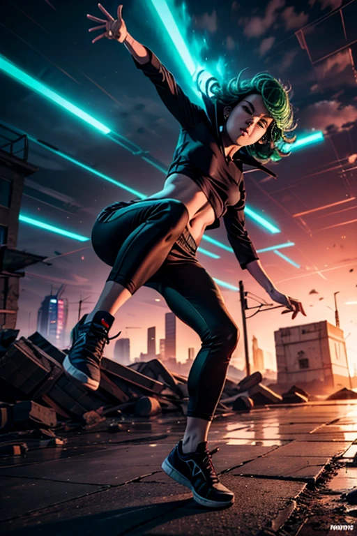 (masterpiece, best quality:1.2), Tatsumaki, solo, break dancing, power movements, strenuous movements, intense footwork, Dynamic Motion Blur, Sweat shines and pops, cyberpunk, lips apart, (green hair, brown eyes), Anatomically accurate hands and fingers, (crop top, cargo pants, sneakers), Fluttering hair, particles, atmosphere full of steam, professional lighting, cinematic lighting, Dynamic action scenes, 