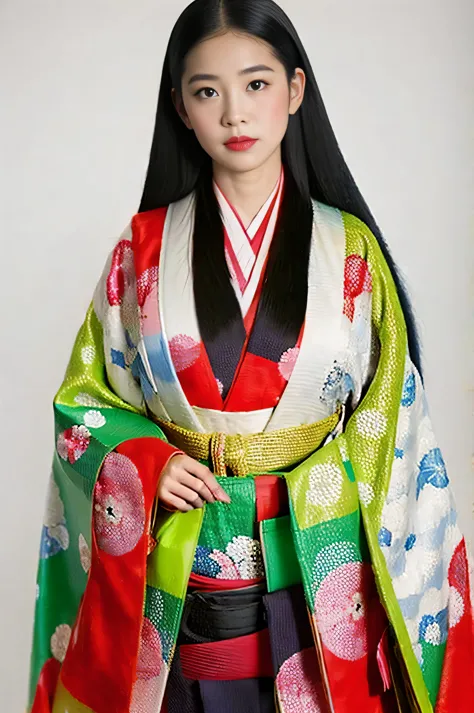 (masterpiece, highest quality:1.2), one girl, twelve-layered kimono, alone, long black hair straight、look、blank background