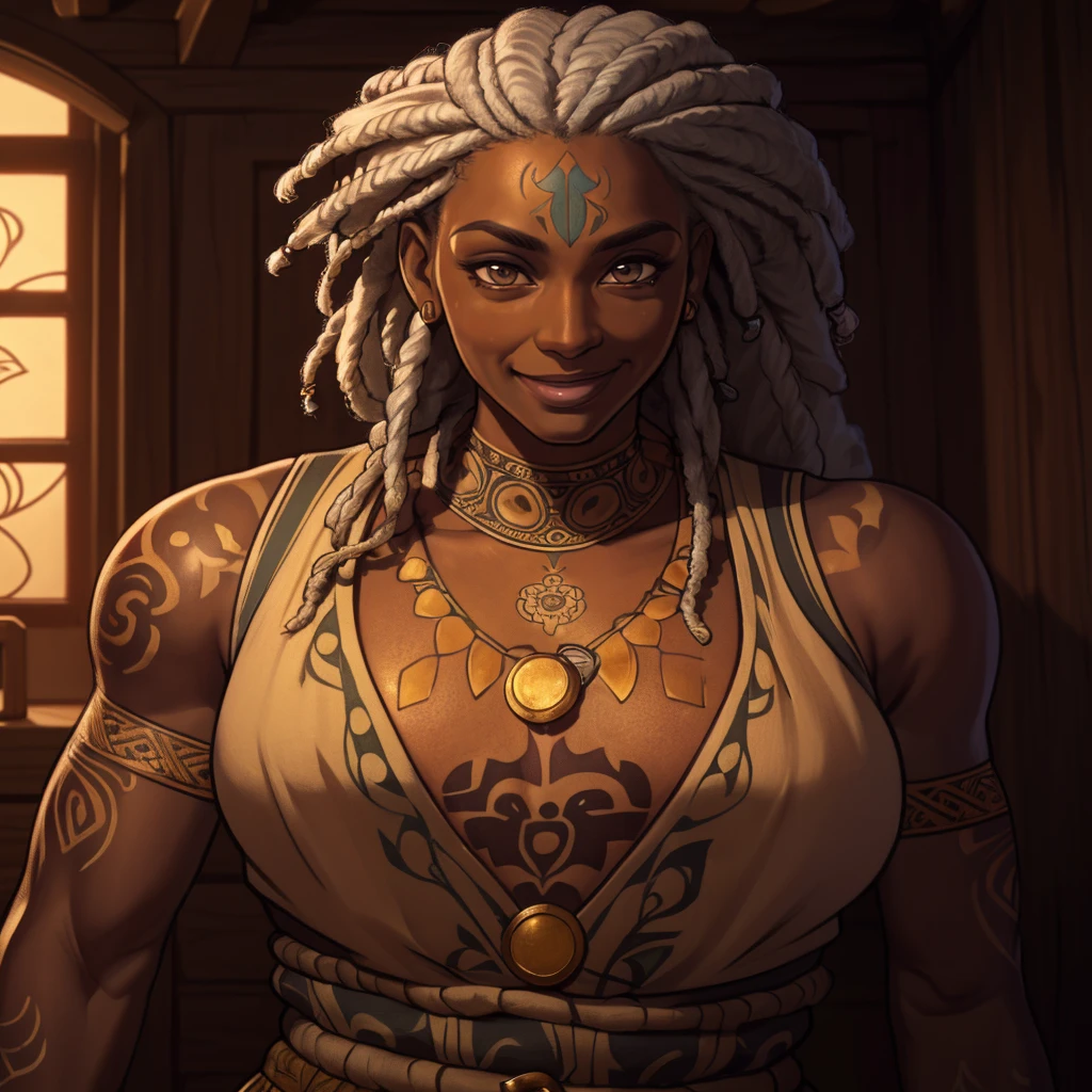 una piel oscura ((50 años)) mujer, Envejecido, pelo de rastas, pelo canoso, tatuajes en brazos, tatuajes cian, (usando atuendos con estampados africanos, como un NPC para un juego de rol medieval), expresiones seguras, sonriente, en un pequeño pueblo, | (8K, foto cruda, mejor calidad, obra maestra:1.2), ultra detallado, (piel muy detallada:1.2), 8K uhd, DSLR, iluminación suave, alta calidad, ((Parte superior del cuerpo)), ((mirando al espectador)), asura, grano de la película, sombreado muy detallado