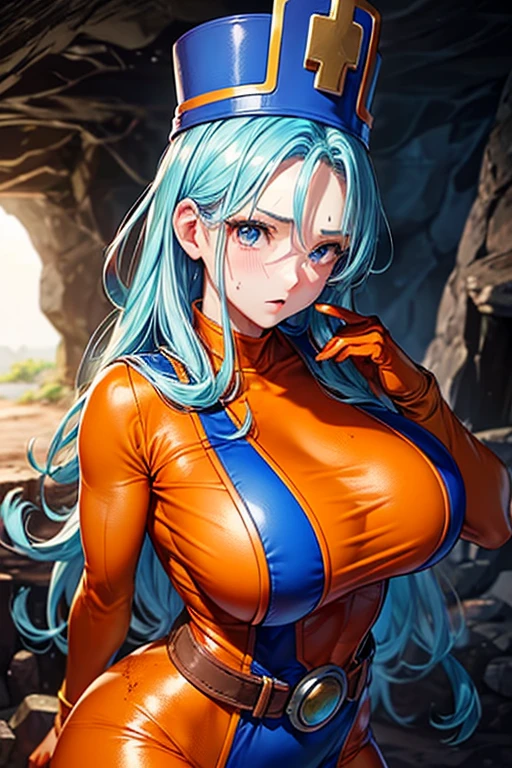 masterpiece, Highest quality,  Unreal Engine,  Super Resolution,  Very detailed, 

Beautiful woman, Dragon Quest Female Monk, long sky blue hair, Blue priest hat, Orange bodysuit, (((Brutabad:1.5))), Elbow-length gloves, Vivid expression, Healthy Body, Beautifully detailed sweat glands, Smooth skin texture, Carefully drawn, 

(humidity:1.5), (Hot Temperatures:1.5), Beautiful Eyes, (Attractive face:1.2), (Beautiful Skin), Tight waist, (Big Breasts), Round Breasts, (Sticky with sweat), Irresistibly sexy pose, 

In the world of Dragon Quest, (Inside the cave where you can see magma), 