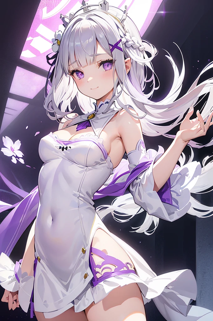 emilia, Nicht für die Arbeit geeignet, 
Rezero emilia, perfekter weiblicher Körper, 
Ein Mädchen, ((leere Augen)), ((((mittleres Haar(0.8))))),
beste Illustrationen, Meisterwerk, höchste Qualität, (Anime-Screenshots:0.8), (offizielle Kunst:0.7), Schönes Gesicht und Augen in jedem Detail, schöne Hände, perfekte Hände,  Flechten, crown Flechten, Animieren, Anime-Schlüsselvisual, graue Haare, (Detailfokus Hand:1.2), 
(lila Augen:1.2), (Schöne Liebe zum Detail:1.6),
spitze Ohren,
(lächeln), 
(weißes Chinakleid), Enger Minirock, ärmellos, Kleid mit ultra-detaillierten Details,Dekollete, Dekollete cutout, kleidung ausschnitt,
mittlere Brust(2.0), 
Blume, hair Blume, Haarschmuck, Haarband,   white Blume, x Haarschmuck,
Cowboy-Schuss ,
Perfekte Beleuchtung,
Innen-Hintergrund, 