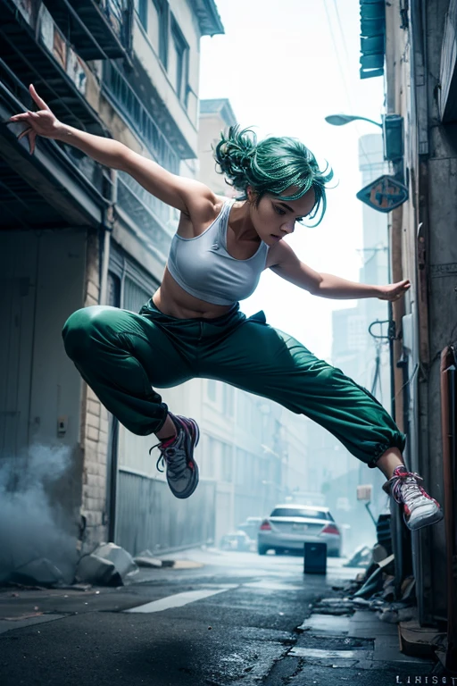 (masterpiece, best quality:1.2), Tatsumaki, solo, break dancing, power movements, strenuous movements, intense footwork, Dynamic Motion Blur, Sweat shines and pops, cyberpunk, lips apart, (green hair, brown eyes), Anatomically accurate hands and fingers, (crop top, cargo pants, sneakers), Fluttering hair, particles, atmosphere full of steam, professional lighting, cinematic lighting, Dynamic action scenes, 