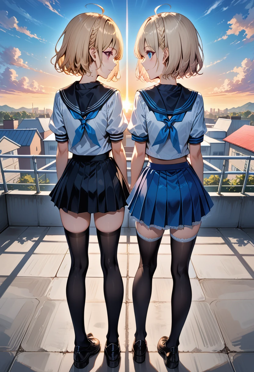 Masterpiece, High quality, 4K, HDR,, two slender women, standing side by side, full body, one with silver short hair other one with blond short hair, one with black eyes other one with blue eyes, both wearing black thighhighs, one wearing A-line blue skirt other one wearing A-line black skirt, one wearing black sailor shirt other one wearing white sailor shirt, one wearing pink lacy panties other one violet lacy panties, (one holding skirt in front and center with hands to show own crotch other one holding skirt in front and center with hands to show own crotch), (both lifting skirt to in front of own stomach), one with shy expression other one grin expression, one showing own crotch other one showing own crotch, school rooftop, looking down, front view, sunset,