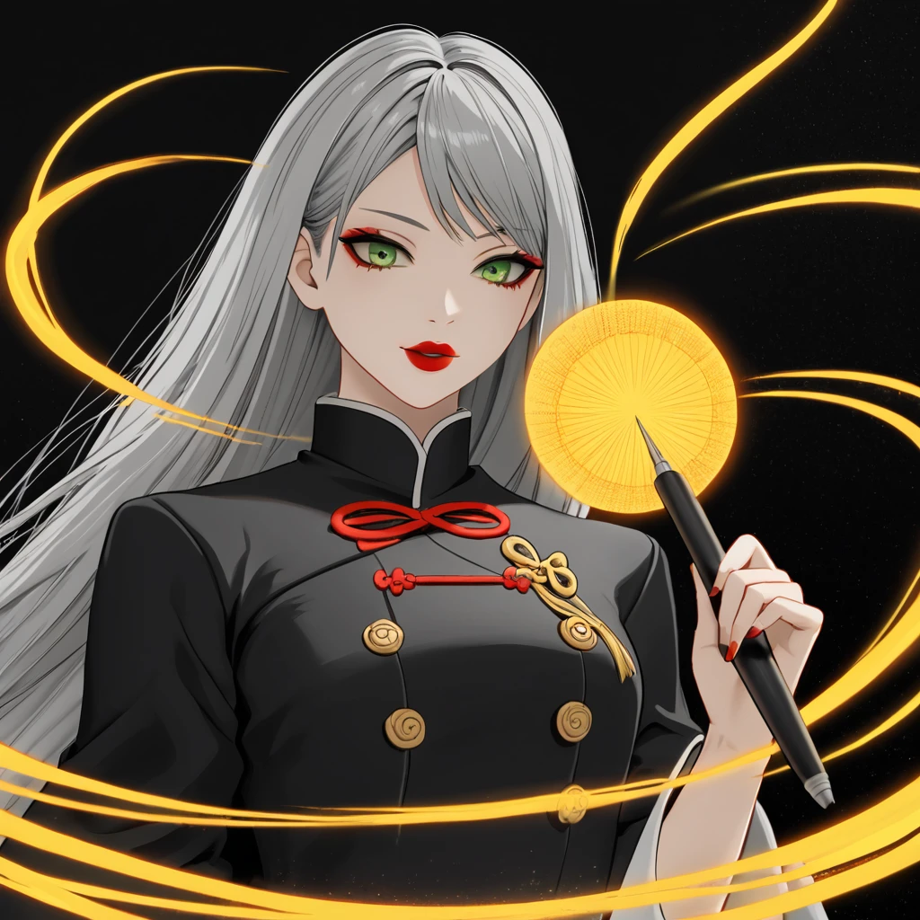 Red and Orange, Gray-haired woman, Green Eyes, Red lips, Wear black and white clothes, Have a magic wand, Yellow light, Oriental Anime Style, 4K, Design Center, Design Round