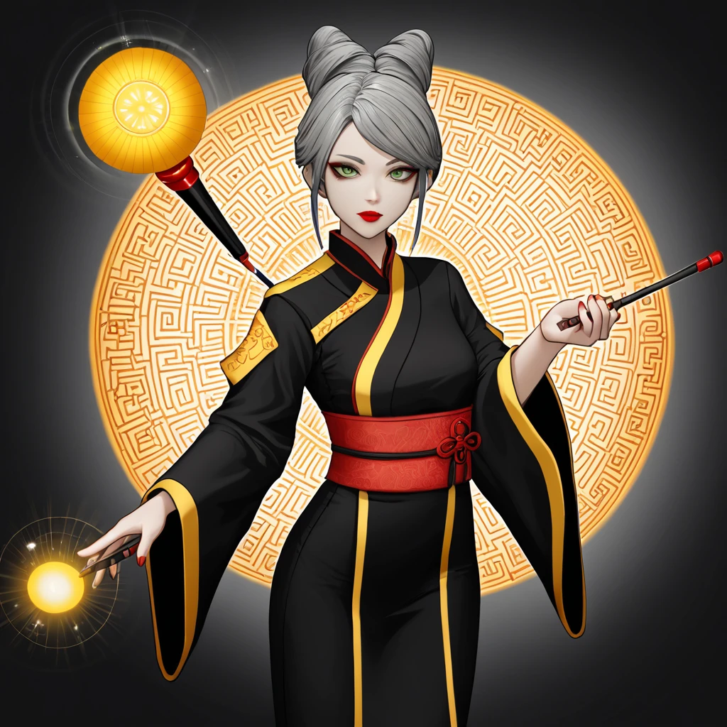 Red and Orange, Gray-haired woman, Green Eyes, Red lips, Wear black and white clothes, Have a magic wand, Yellow light, Oriental Anime Style, 4K, Design Center, Design Round