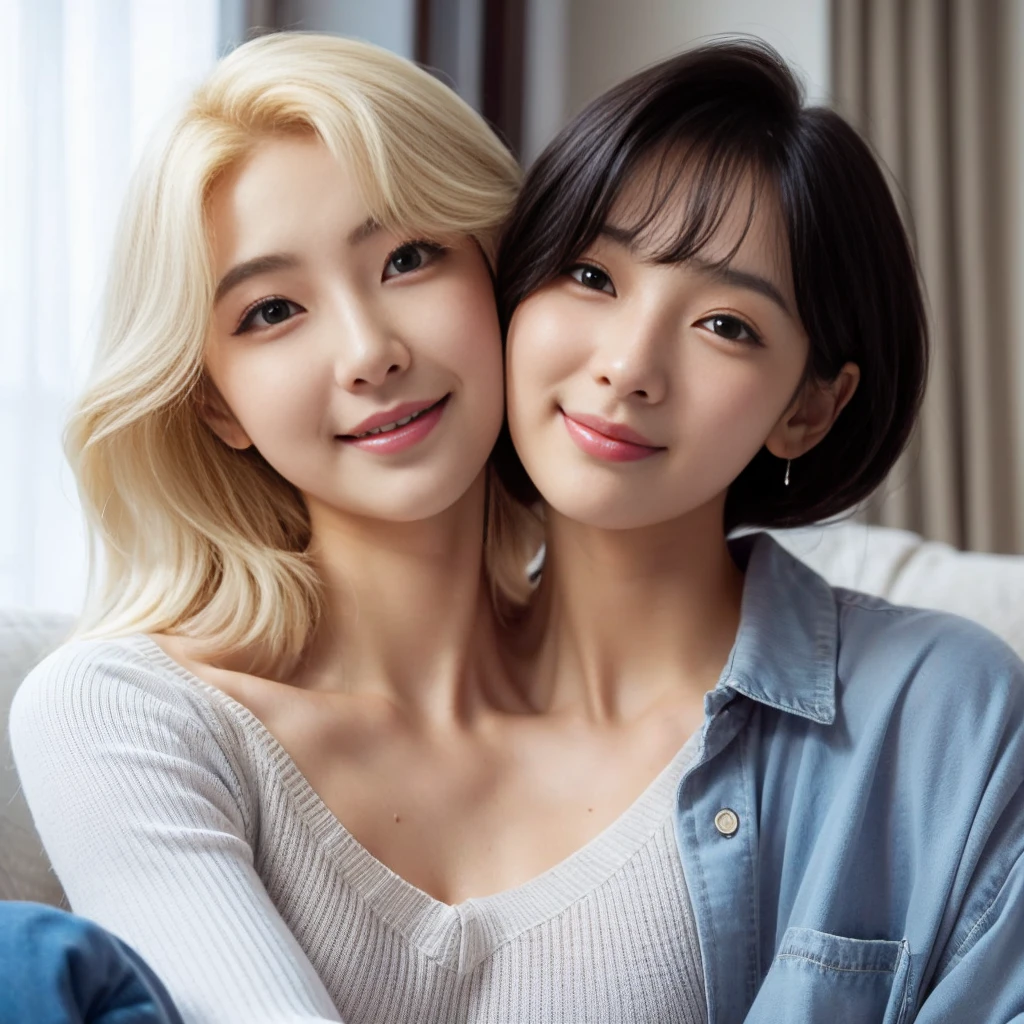 Best resolution, 2heads, young korean  woman with two heads, blonde, black hair, , different faces, sweater, denim jacket, living room background