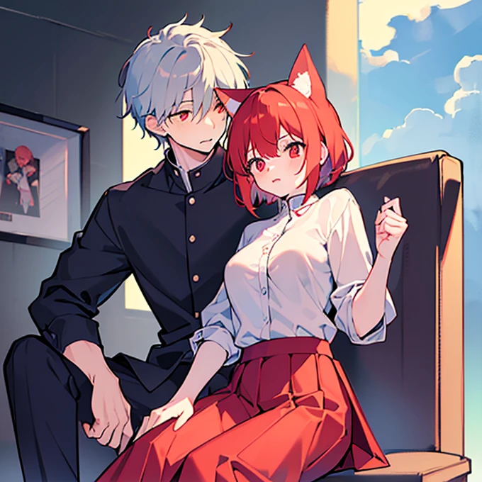 High quality　masterpiece　male and female couple　Fox girl sitting on a chair，Wearing a tight skirt，Covered with shirt。The boy hugs from behind。Wearing high school trousers uniform、Boy with short hair。Not wearing glasses、revenge, Hot Kids, Sexy babes, Good breasts, Hot boy with red eyes