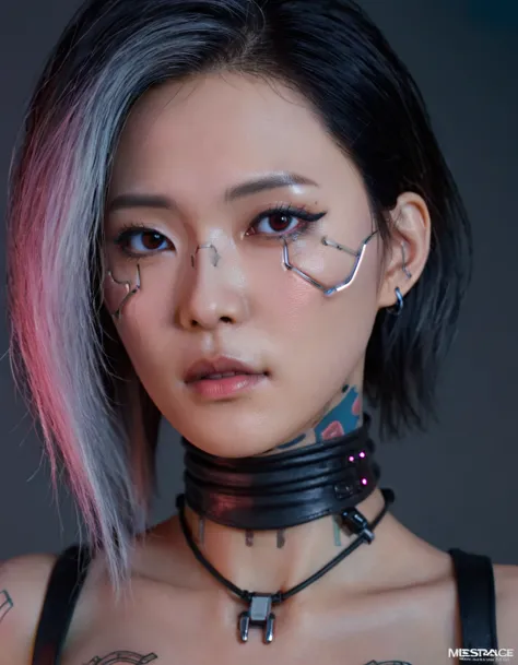 A stunning 4K photo-realistic image of a cyberpunk demi-human girl with an Asian face. Her visage is adorned with intricate mach...