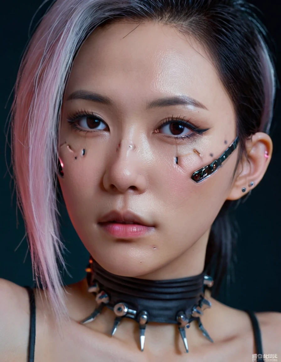 A stunning 4K photo-realistic image of a cyberpunk demi-human girl with an Asian face. Her visage is adorned with intricate machine implants, including a sleek silver visor that covers her eyes, revealing only a small slit for vision. These implants enable advanced sensory input and communication with her cybernetic systems.

Her skin is pale, with visible scars that tell a story of her past battles and a faint line where her flesh meets the cold metal of her implants. The seams are barely noticeable, indicating skilled integration between her organic and mechanical components.

Her hair is black, spiked up in an aggressive yet stylish manner. Small LED lights are integrated into the strands, flickering with various colors to match her mood. The hair is a statement piece, reflecting her rebellious spirit. The overall atmosphere of the image is captivating, photo, her body is embedded with mechanical implants under the skin, cyborg arms,  cyberware lines embedded in her face, , (Photorealsitic)、(intricate detailes:1.2)、(​masterpiece、:1.3)、beauty face, (top-quality:1.4)、(超A high resolution:1.2)、超A high resolution、(A detailed eye)、(detailed facial features), ((Realistic lighting、top-quality、8K、natural light, ​masterpiece:1.3))、bright photo, Clear focus:1.2、1girl in、flawless beauty:1.4、Superfine Face、big Narrow-eyed、double eyelid、photos realistic, perfect eyes, perfect skin, detailed skin, detailed face, looking viewer, front view, potrait, raw photo, simple soft pink background, (intricate detailed skin textured:1.4) front view, looking viewer, clear face, 1 girl、porate、Bright and very beautiful face、beautiful girl, A stunning close-up portrait showcasing the beauty of a Korean model. The composition features soft, natural lighting , bright eyes, and striking cheekbones.